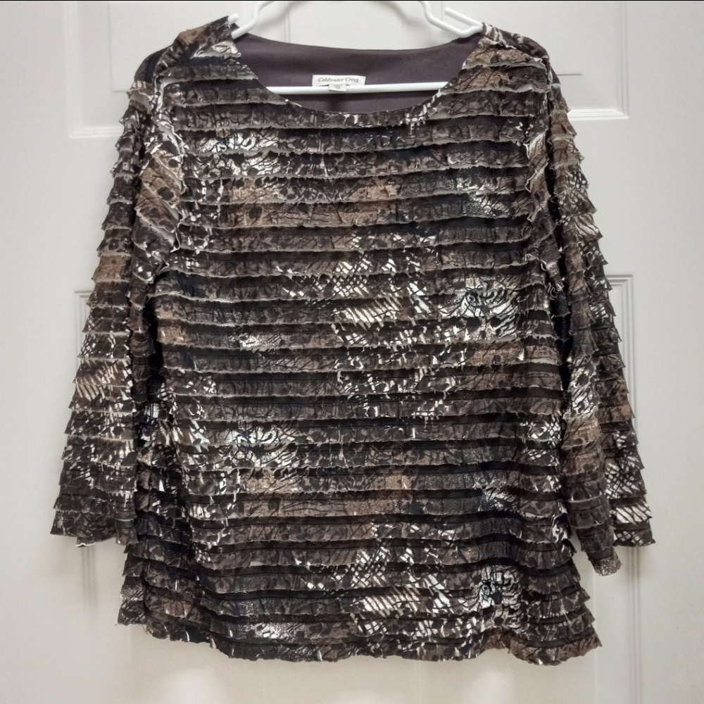 Coldwater Creek RuffleTiered Blouse XL 18 Brown Animal Print Boho Textured